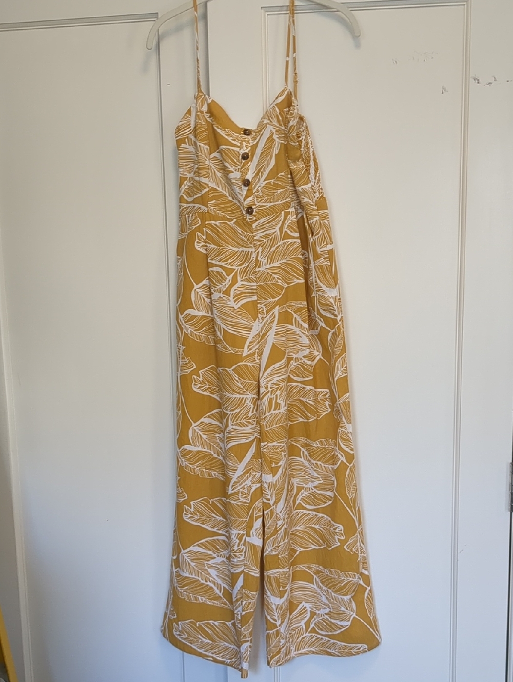 Mustard Yellow Leaf-Print Spaghetti Strap Jumpsuit - Picture 1 of 10